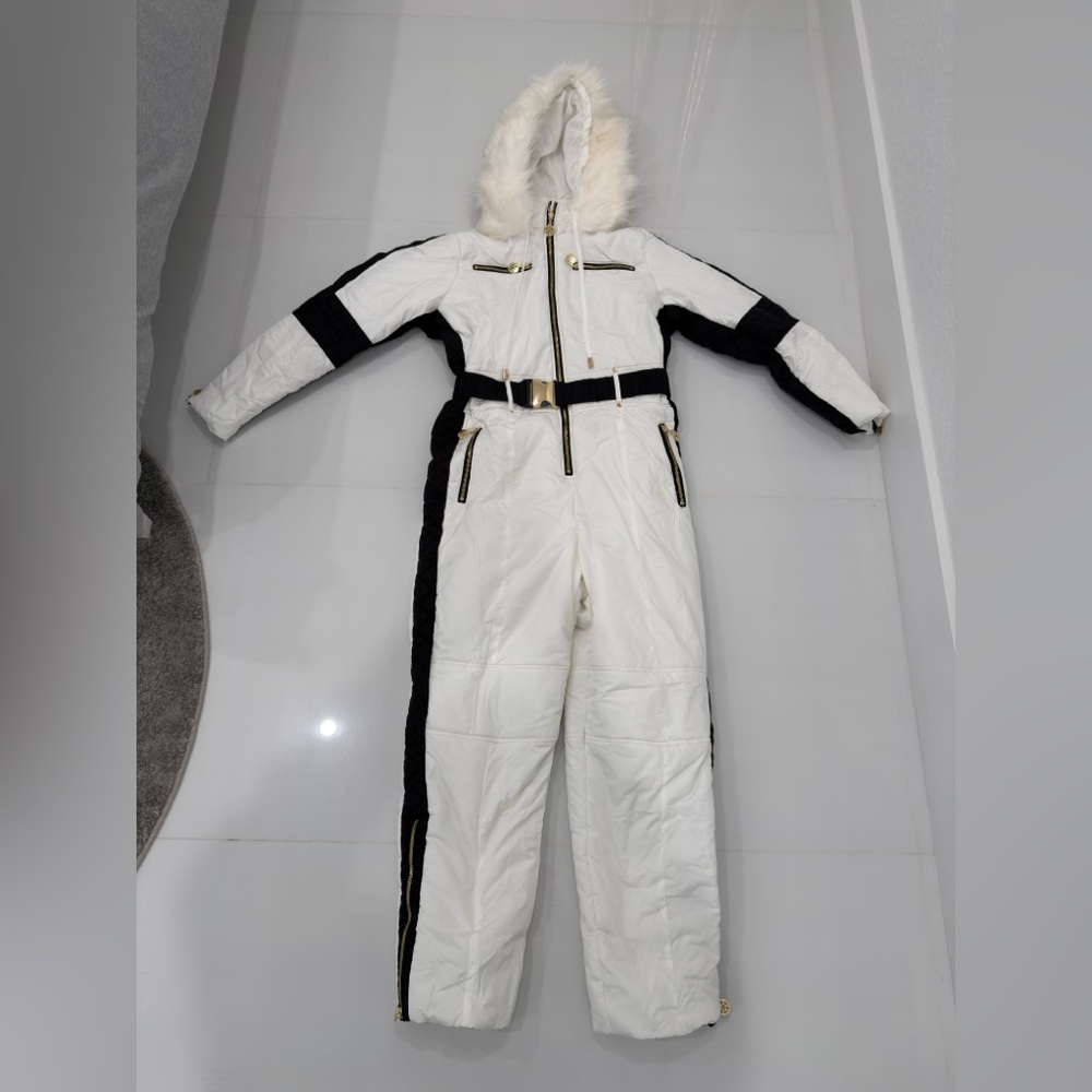 White and Black Hooded Snowsuit with Fur Trim
